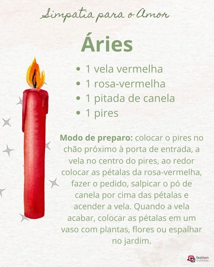 Na imagem, há uma simpatia especial para o signo de Áries. O desenho ilustrativo mostra uma vela vermelha acesa, representando um dos ingredientes citados.
