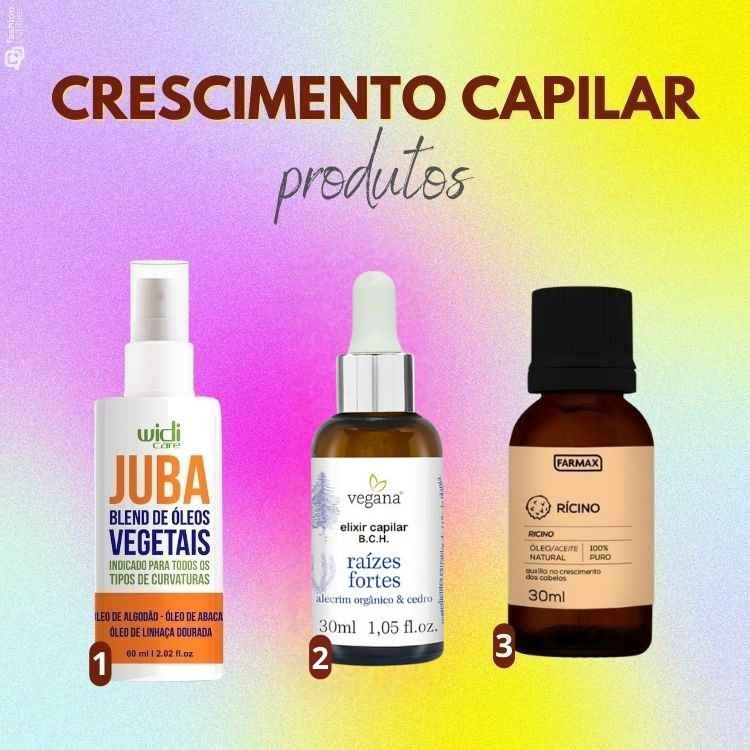 Montagem de fundo colorido, com amarelo, azul e roxo, com três produtos (blend de óleos da Widicare, Elixir de alecrim e óleo de rícino)