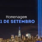 Montagem com foto das torres gêmeas e escrito homenagem 11 de setembro