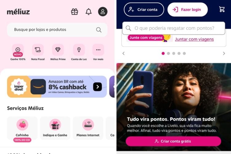 Montagem com dois prints: tela inicial de Méliuz, em tons de rosa e com anúncios de promoções e tela de Livelo, em tons de azul escuro e rosa, com foto de mulher de pele negra