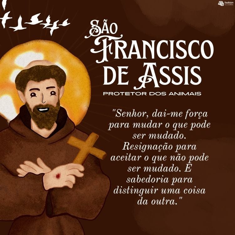 Cartão virtual de fundo marrom com desenho de São Francisco de Assis segurando uma cruz e frase ""Senhor, dai-me força para mudar o que pode ser mudado. Resignação para aceitar o que não pode ser mudado. E sabedoria para distinguir uma coisa da outra."