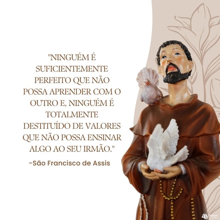 Cartão virtual de fundo bege e branco, com desenho de ramos e de Francisco de Assis com pássaros, além de frase "Ninguém é suficientemente perfeito que não possa aprender com o outro e, ninguém é totalmente destituído de valores que não possa ensinar algo ao seu irmão."