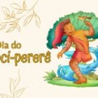 Desenho digital de saci-pererê em fundo bege com folhas e escrito "Dia do Saci-pererê"