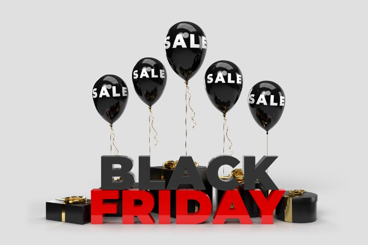 Foto de fundo cinza escrito "Black Friday em preto e vermelho" e com balões pretos escritos "sale" em branco 