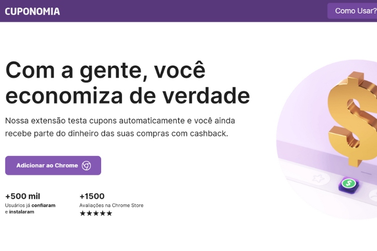 Captura de Tela do site Cuponomia em branco e roxo, com descrição do site e ícone para baixar a extensão