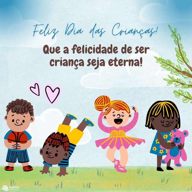 Cartão virtual com desenho de crianças brincando e frase "Feliz Dia das Crianças! Que a felicidade de ser criança seja eterna!"