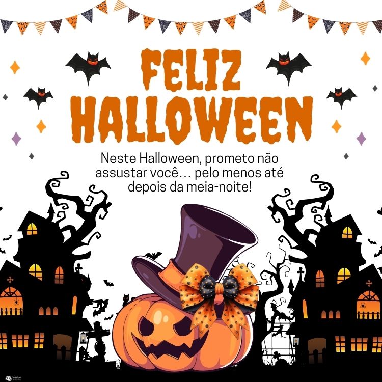 Cartão virtual de fundo branco com desenho de morcegos, casas assombradas, abóbora e frase "Neste Halloween, prometo não assustar você… pelo menos até depois da meia-noite!"