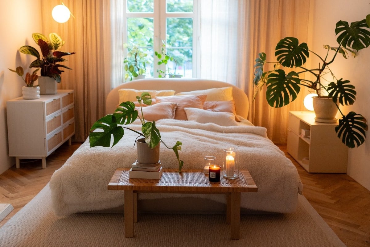 Um quarto de casal decorado com tons neutros e plantas. A cama está coberta com um edredom bege, e há almofadas em tons suaves. Um banco de madeira aos pés da cama exibe velas e uma planta. O ambiente é iluminado suavemente, criando uma atmosfera aconchegante.