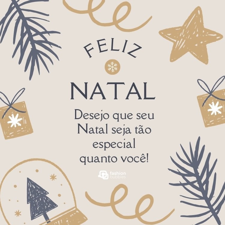 Cartão virtual de fundo cinza com enfeites de Natal em roxo e dourado, além de frase: Desejo que seu Natal seja tão especial quanto você!