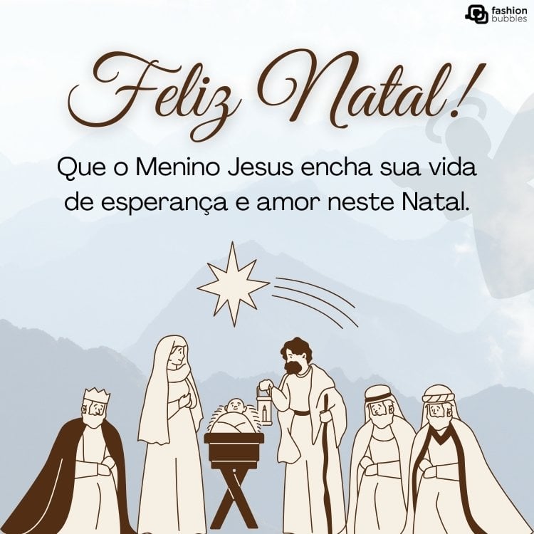 Cartão virtual de fundo azul aquarelado com desenho de presépio e frase: Que o Menino Jesus encha sua vida de esperança e amor neste Natal.