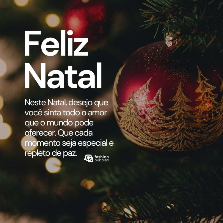 Foto de bola de Natal na árvore e frase: Neste Natal, desejo que você sinta todo o amor que o mundo pode oferecer. Que cada momento seja especial e repleto de paz.