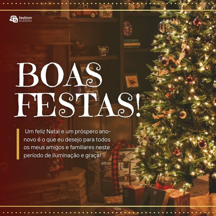 Foto de árvore natalina e frase: Um feliz Natal e um próspero ano-novo é o que eu desejo para todos os meus amigos e familiares neste período de iluminação e graça!