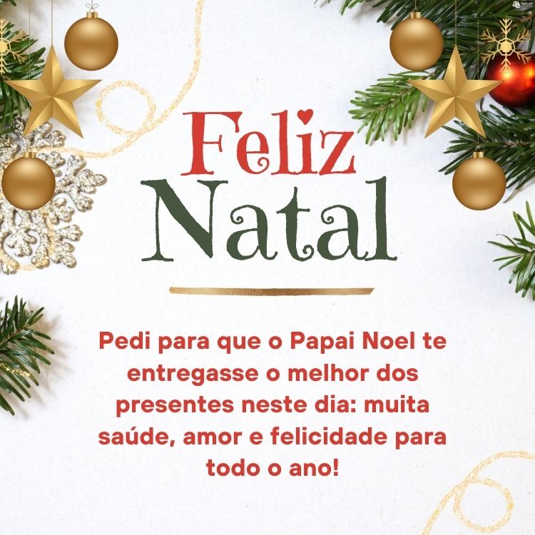 Cartão virtual de fundo branco com enfeites de natal e frase:  Pedi para que o Papai Noel te entregasse o melhor dos presentes neste dia: muita saúde, amor e felicidade para todo o ano! Um Feliz Natal!