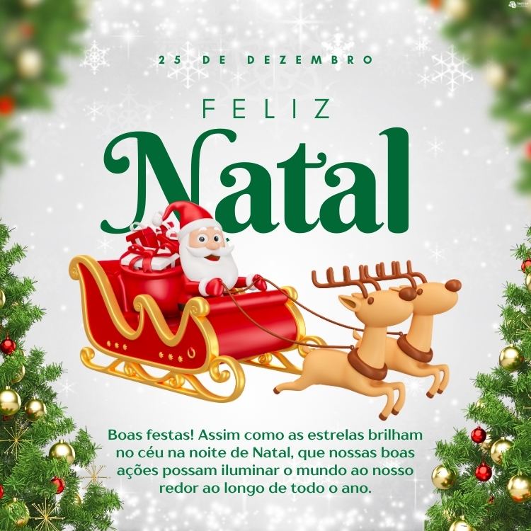 Cartão virtual de fundo esverdeado com desenho de Papai Noel no trenó puxado por renas e frase: Boas festas! Assim como as estrelas brilham no céu na noite de Natal, que nossas boas ações possam iluminar o mundo ao nosso redor ao longo de todo o ano.