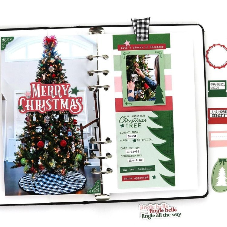 Scrapbook com tema de Natal, com informações sobre a data e fotos 