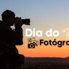 Foto de sombra de homem com câmera em nascer do sol e frase "dia do fotógrafo" com desenho de câmera e fotos