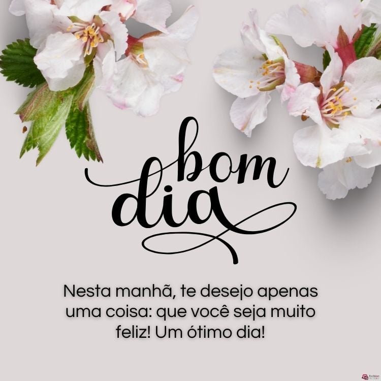 Cartão virtual de fundo branco com flores brancas, "bom dia" em preto e frase "Nesta manhã, te desejo apenas uma coisa: que você seja muito feliz! Um ótimo dia!"