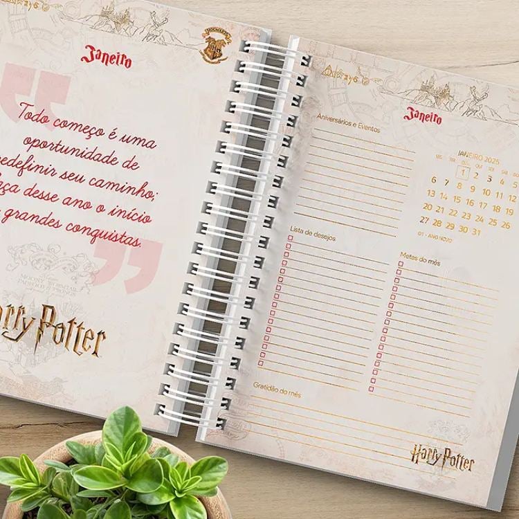 Planner encadernado de Harry Potter em tons de vermelho 