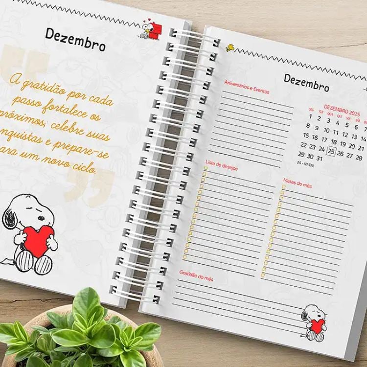 Planner encadernado do Snoopy em vermelho, branco, preto e amarelo