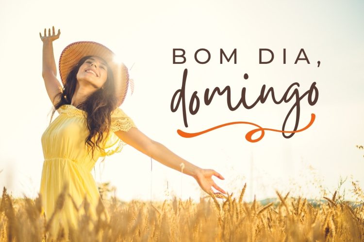 Mulher de pele clara usando vestido amarelo em meio ao trigo e frase "bom dia, domingo"