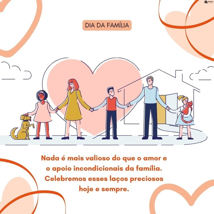 Cartão virtual de fundo branco com corações, desenho de família com dois adultos e três crianças, além de cachorro e frase "Nada é mais valioso do que o amor e o apoio incondicionais da família. Celebremos esses laços preciosos hoje e sempre."