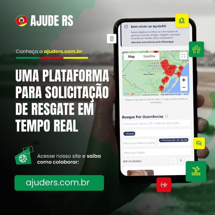 Foto de celular com o AjudeRS aberto, com mapa do Brasil e frase "uma plataforma para solicitação de resgate em tempo real"