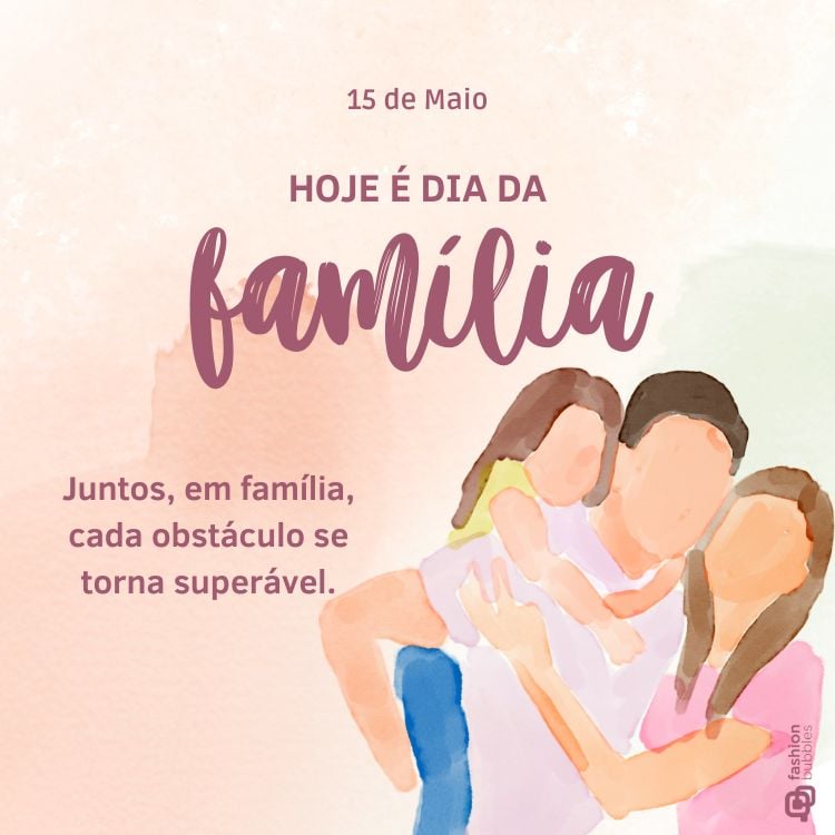 Mensagem de 15 de maio Dia Internacional da Família em fundo rosa e verde com desenho digital de família