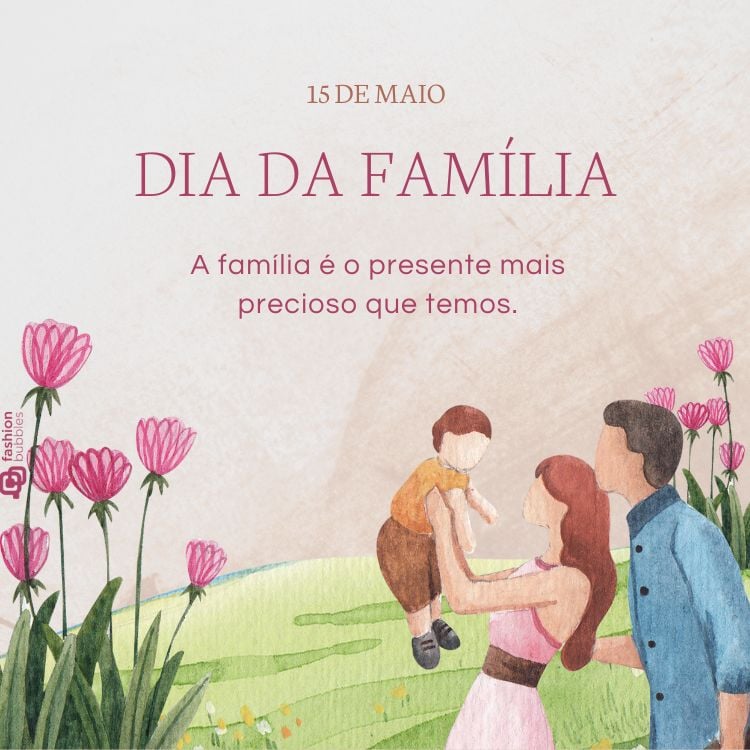 Mensagem de 15 de maio Dia Internacional da Família em fundo bege/rosado com desenhos digitais de família em jardim