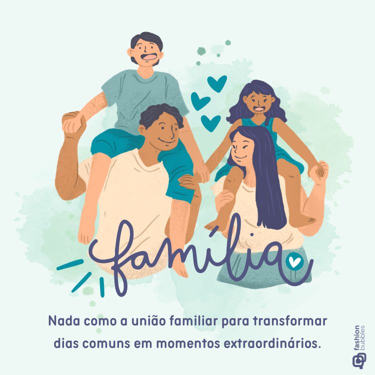 Mensagem de 15 de maio Dia Internacional da Família em fundo verde com desenho digitai de família