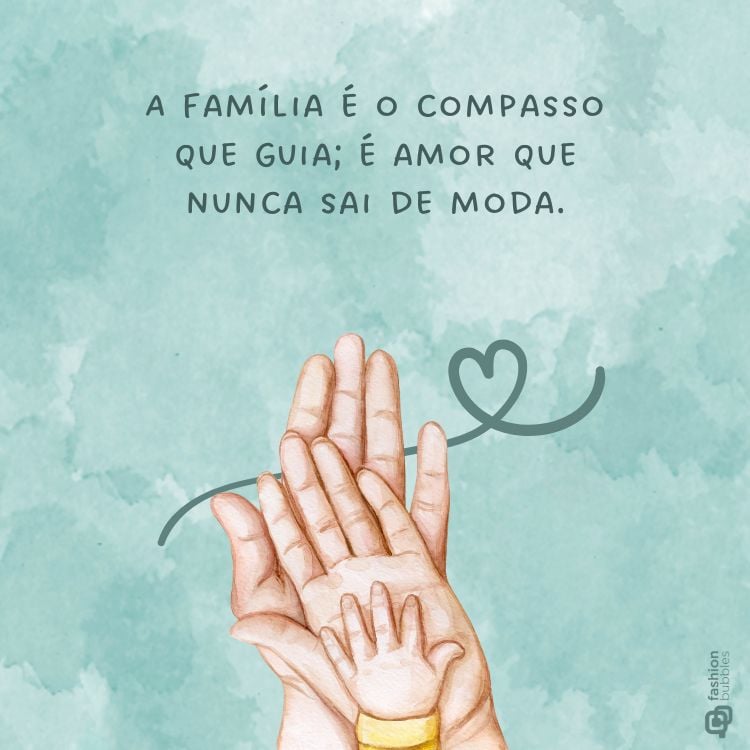 Mensagem de 15 de maio Dia Internacional da Família em fundo verde com desenho digital de mãos de pais e de bebê juntas