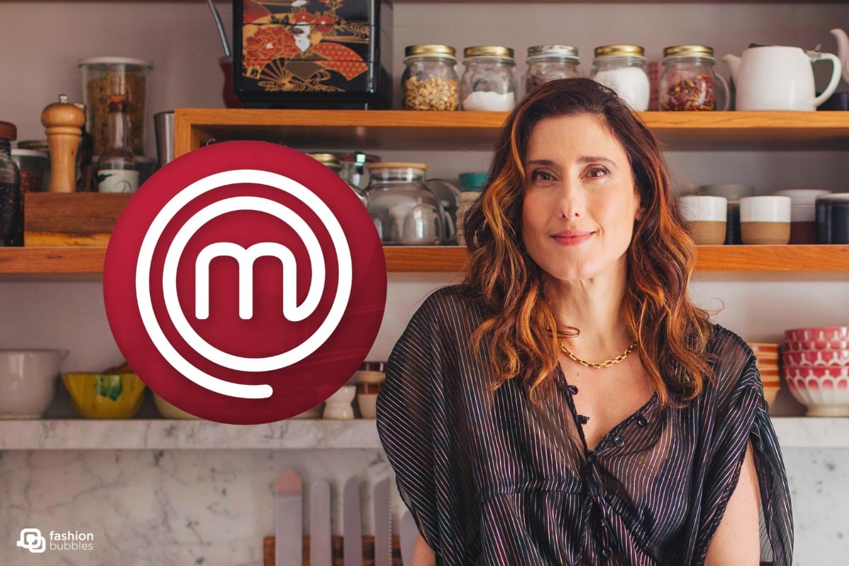 Foto da chef Paola Carosella em uma cozinha e ao seu lado a logo do MasterChef 2024