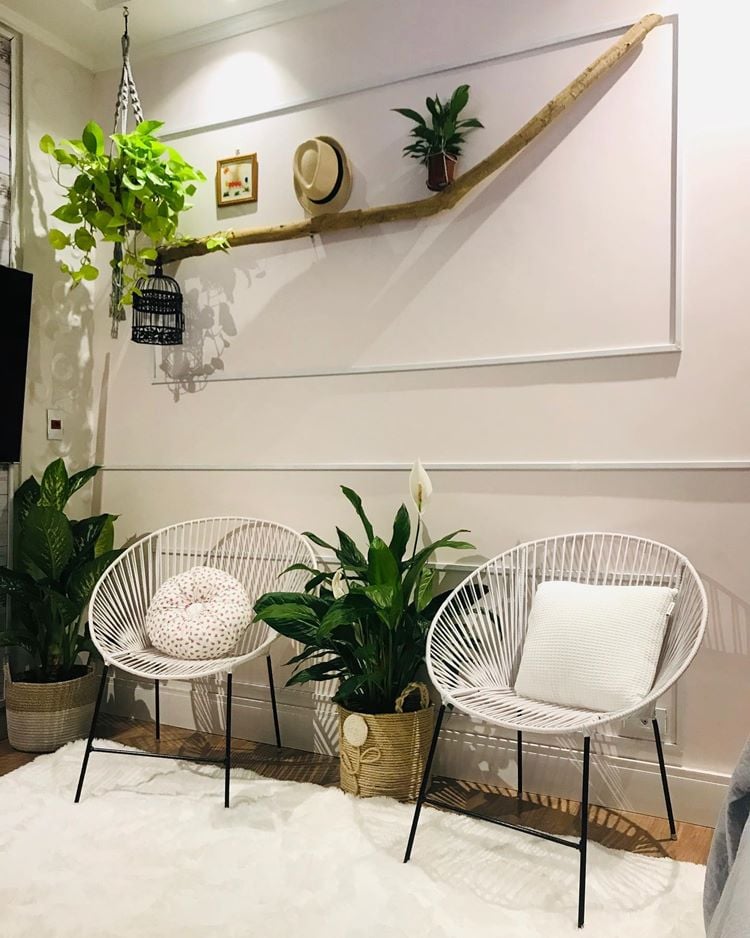 Planta lírio-da-paz em vaso de fibra natural entre duas cadeiras de fio com almofadas, encostados em parede, com decoração de plantas e quadros. No chão, um tapete