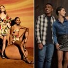 Montagem com duas fotos de campanha de São João, com modelos usando looks de festa junina