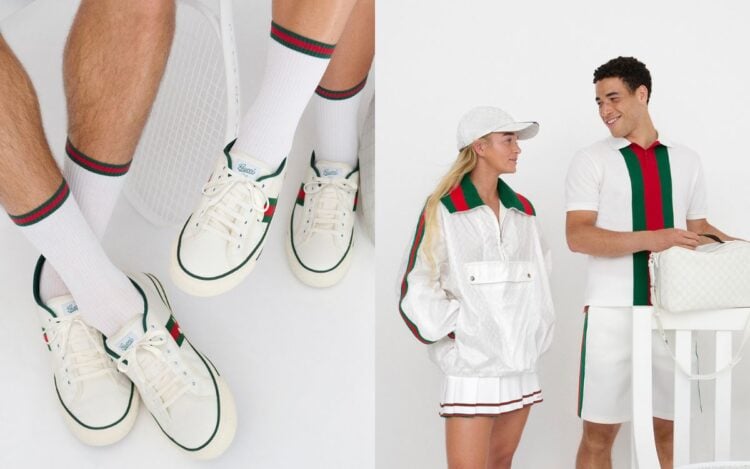 Montagem com duas fotos da coleção Gucci Tennis: tênis branco e conjunto feminino e masculino