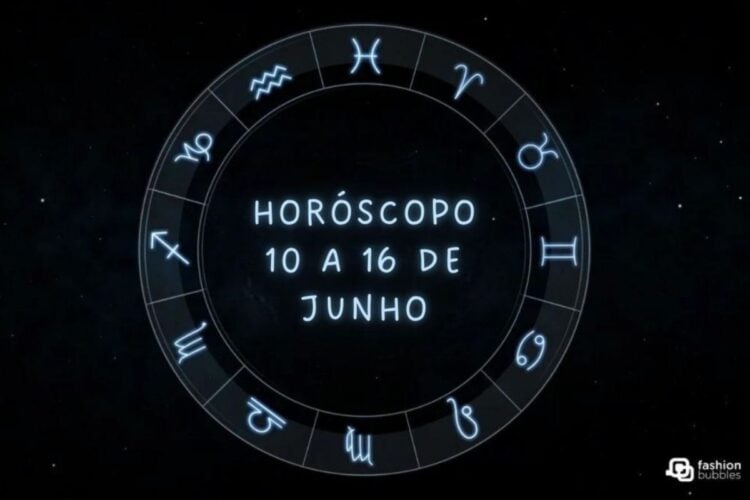 Fundo de Horóscopo com os 12 signos do zodíaco com o texto "Horóscopo 10 a 16 de junho" no meio