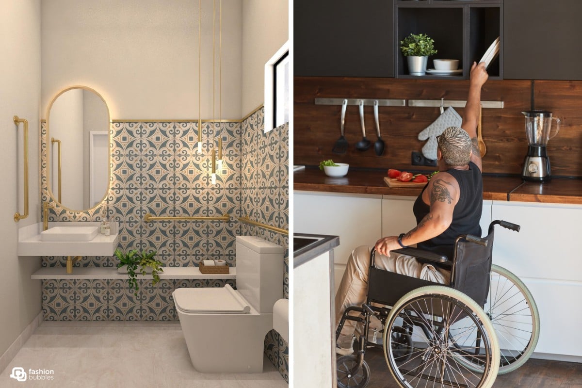 Projeto de banheiro acessível e uma cozinha acessível com mulher cadeirante pegando pratos