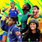 Montagem de fundo verde e amarelo cm foto de alguns atletas brasileiros, como Rayssa Leal, Bruninho, Rafaela Silva, Alisson dos Santos e Rebeca Andrade