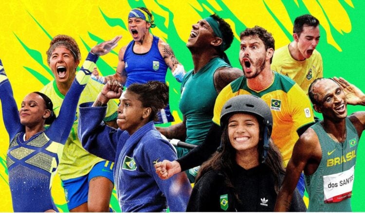 Montagem de fundo verde e amarelo cm foto de alguns atletas brasileiros, como Rayssa Leal, Bruninho, Rafaela Silva, Alisson dos Santos e Rebeca Andrade