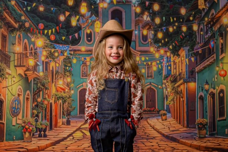 Menina de pele clara com chapéu country, camisa e jardineira