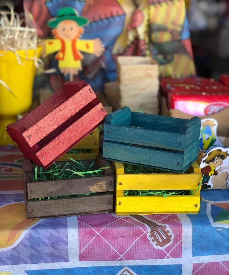 Mini caixotes de madeira coloridos com palha