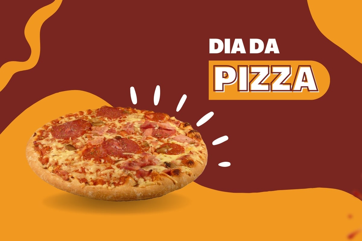 Montagem de fundo vinho e amarelo com foto de pizza de peperoni e frase "dia da pizza"