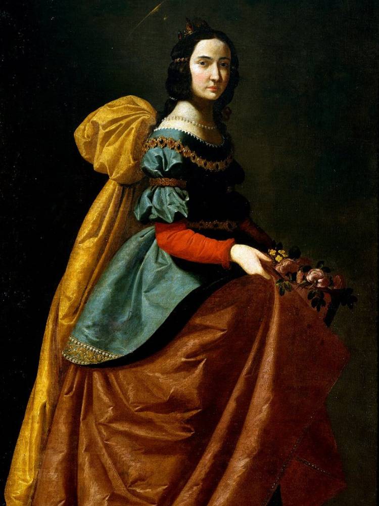 Pintura de Santa Isabel sentada usando vestido azul, amarelo e marrom