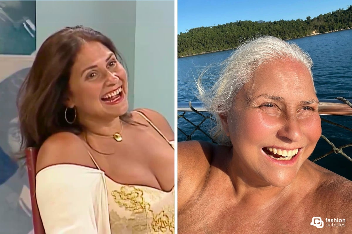 Duas fotos da cantora Fafá de Belém, uma dela jovem e outra dela hoje em dia