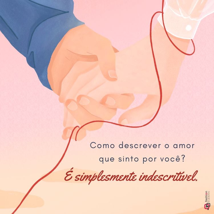 Frase de amor escrita em desenho digital de mãos com fio vermelho em fundo rosa