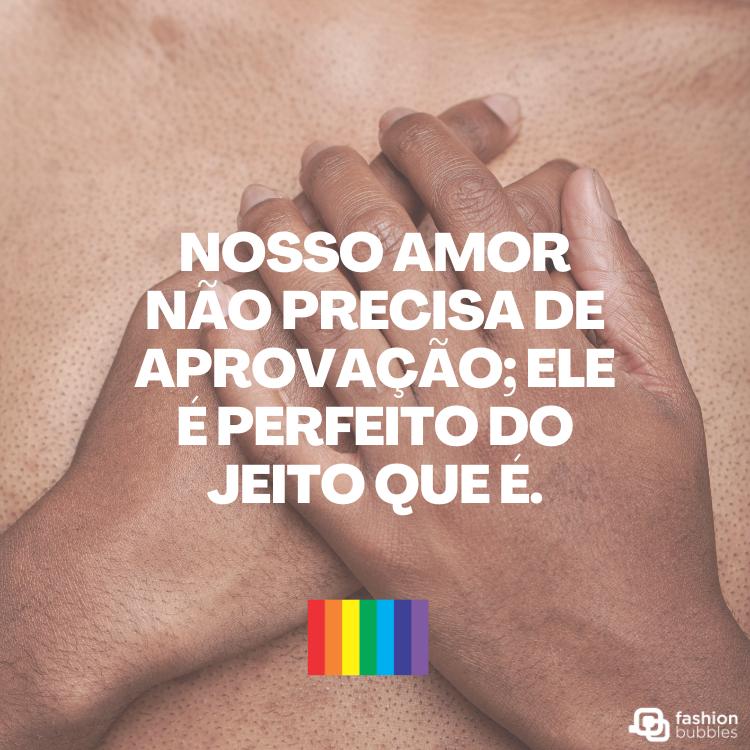 Foto de duas mãos morenas sobrepostas, bandeira LGBT e frase "Nosso amor não precisa de aprovação; ele é perfeito do jeito que é."