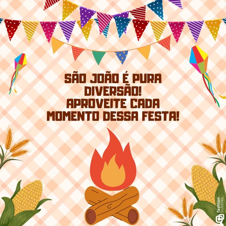 Frase do Dia de São João escrita em fundo xadrez bege com desenhos de bandeirinha, milho, fogueira, balão