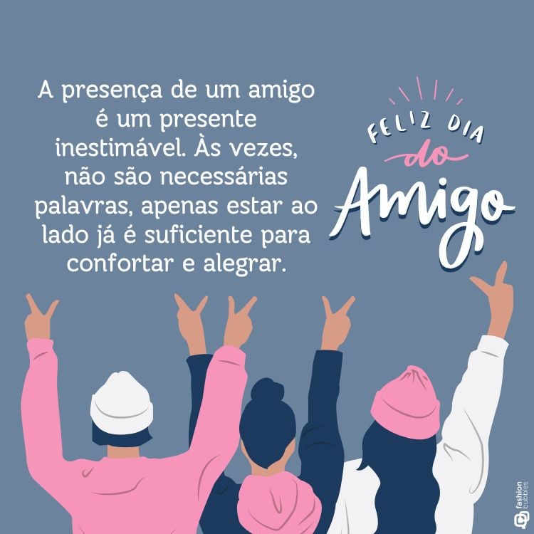 Frase sobre Dia do Amigo escrita em fundo cinza com desneho de amigas fazendo sinal de paz e amor com os dedos