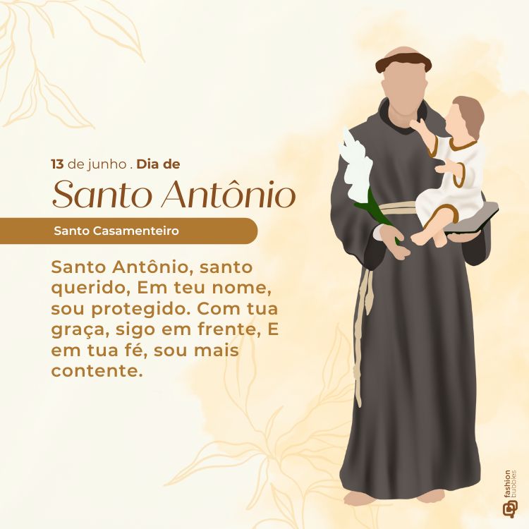 Cartão virtual com verso a Santo Antônio, escrito em fundo bege com desenho digital do santo