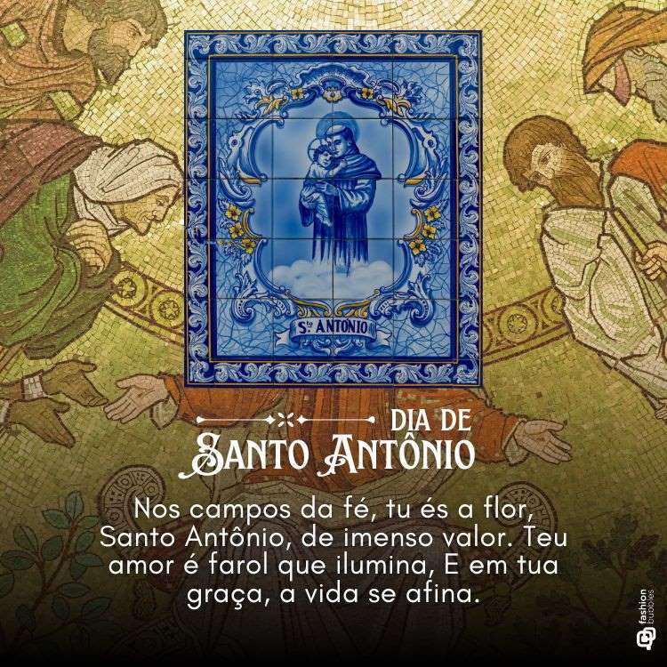 Cartão virtual com verso a Santo Antônio, escrito em foto de mosaico de cacos de azulejo