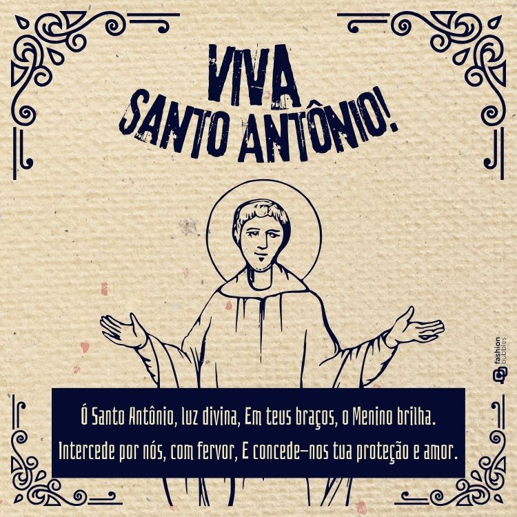 Cartão virtual com verso a Santo Antônio, fundo bege com desenhos digitais em azul-escuro